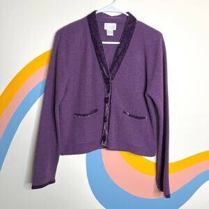 Vintage Lambswool Cardigan Women's Size M Button Down Sweater Purple Velvet Trim
